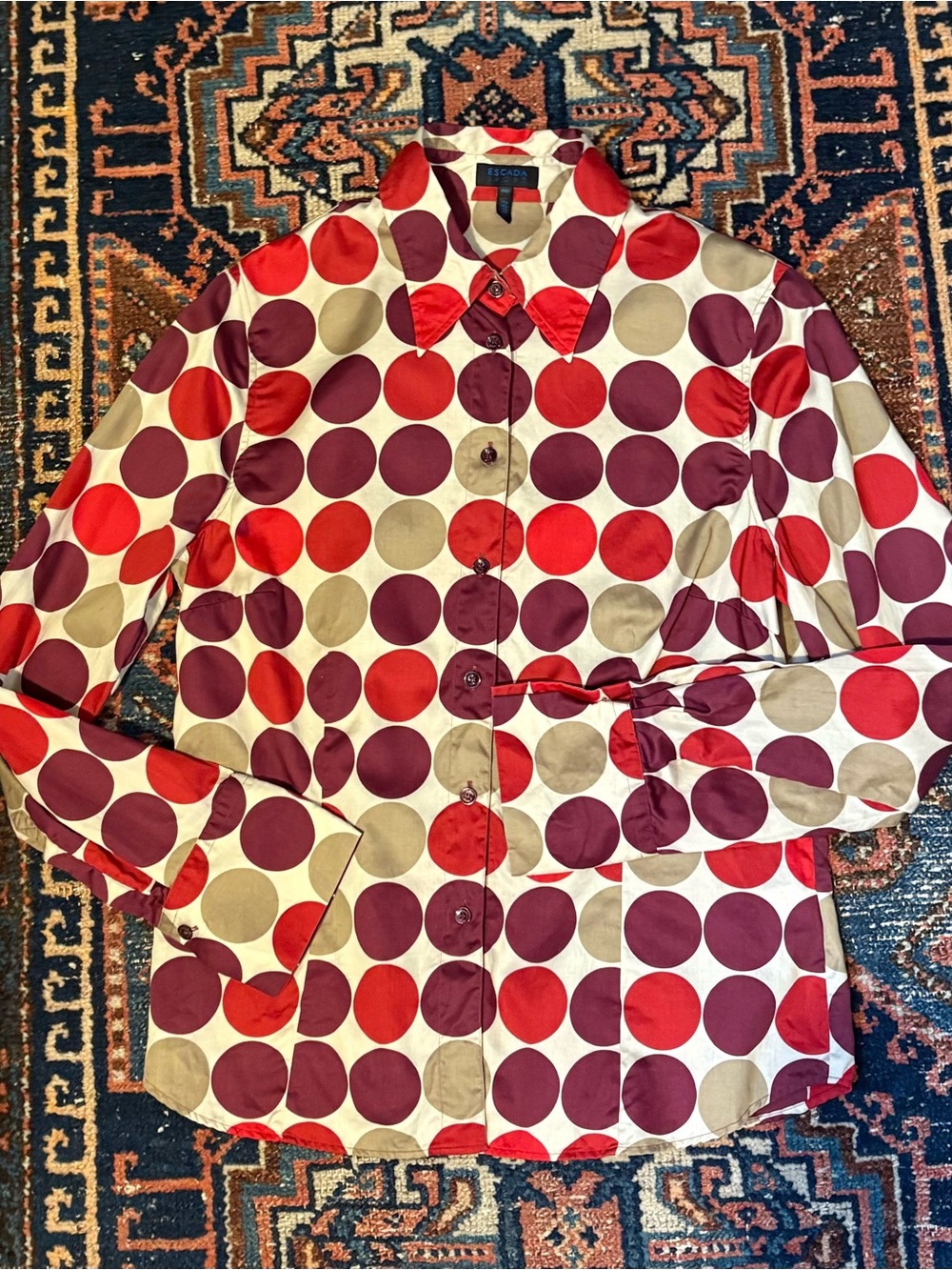 Escada Sport Red Burgundy Tan Polka Dot Button-Down Shirt - Picture 10 of 10